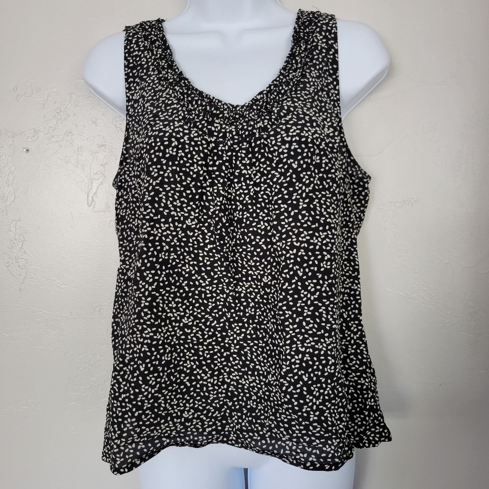 Halogen Tank Top Black with White Pattern Smocked Neck 100% Silk MP Med Petite